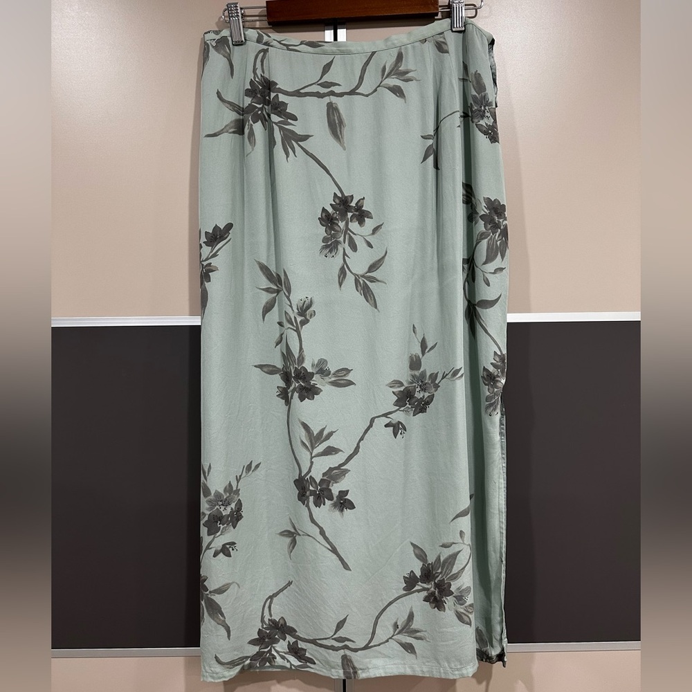 Vtg 90s Chelsea Cambell Maxi Skirt Sz 14 Silk Green Floral Fairy Beachy Romantic
